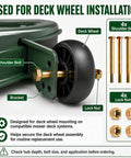 Quick Fix No Sweat Heavy Duty Deck Wheel Shoulder Bolts With Lock Nuts Solid Lawn Mower Repair Replaces 193406 137644 Fits Cub Cadet And Walk Behind Mowers close-up of shoulder bolt, deck wheel and lock nut on mower assembly.