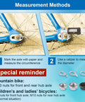 Diagram showing measurement methods for Heavy Duty Bike Wheel Axle Nut And Hub Safety Washer Kit 18 Piece M8 M9.5 M10, caliper tool visible.