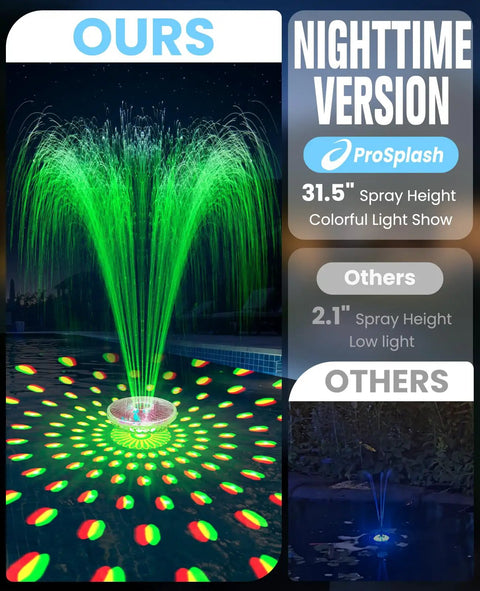 All Day Sun Powered Floating Pool Fountain Kit With Light Show Two Pack Upgraded 2026 in nighttime operation with green spray.