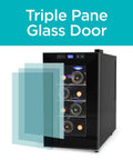 Triple pane glass door on Compact 8 Bottle Capacity Wine Fridge With LED Display And Interior Light, Space Saving Mini Wine Cellar