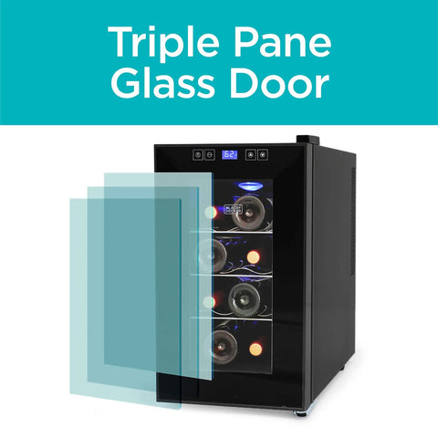 Triple pane glass door on Compact 8 Bottle Capacity Wine Fridge With LED Display And Interior Light, Space Saving Mini Wine Cellar