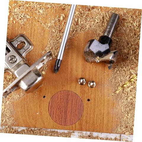 Easy Install No Drill Needed Screw Hole Covers For Furniture And Cabinets, shown with tools for installation