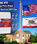 100 Ft Nylon Flag Pole Rope Kit 5/16 Inch Halyard Replacement With 4 Zinc Alloy Snap Hooks And Clips in packaging next to flagpole