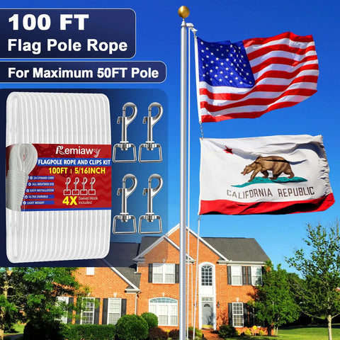 100 Ft Nylon Flag Pole Rope Kit 5/16 Inch Halyard Replacement With 4 Zinc Alloy Snap Hooks And Clips in packaging next to flagpole