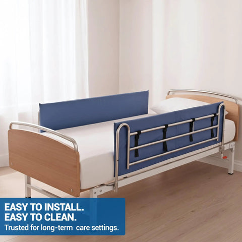 Vinyl Bed Rail Pads 60 Inch Long By 15 Inch High Reinforced 2 Inch Thick With Easy To Clean Surface installed on a bed.