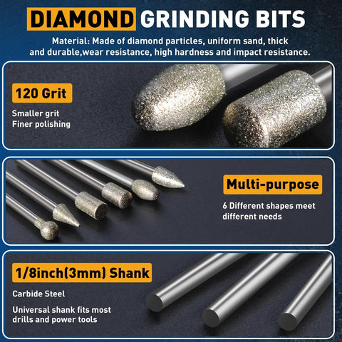 20 Pcs 120 Grit Diamond Grinding Bits For Stone And Glass Engraving And Polishing, One Eighth Inch Shank Fits Rotary Tools