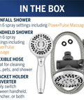 Contents of 12 Mode 2 In 1 Dual Shower Head System With 5 Foot Hose And PowerPulse Therapeutic Massage Chrome Finish, including hose and holder.