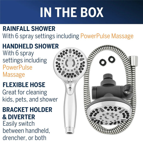 Contents of 12 Mode 2 In 1 Dual Shower Head System With 5 Foot Hose And PowerPulse Therapeutic Massage Chrome Finish, including hose and holder.
