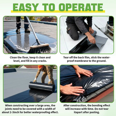 Pro Grade Self Adhesive Waterproof Roofing Membrane Roll Peel And Stick Leak Proof Sealant Tape shown being installed on a flat roof.
