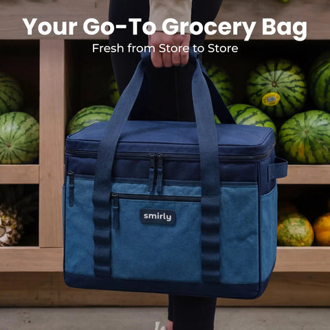 Heavy Duty Insulated Cooler Bag Holds 48 Cans Slap It On The Trunk Collapsible soft side grocery tote, dark blue with pockets.