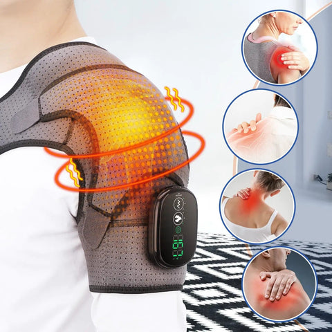 Cordless Shoulder Heating Pad With Vibration Massage Wireless Heated Shoulder Wrap in use on person's shoulder for pain relief
