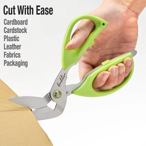 Person using Beefy Heavy Duty Multipurpose Angled Craft Scissors 7 Inches With Japanese Stainless Steel Serrated Blade for cardboard.