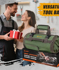 Heavy Duty Roll Up Tool Bag Portable Soft Tool Storage Foldable Organizer With Small Pockets Water Resistant PVC Coated Oxford For Mechanics Dads Home Garage Green displayed on a box next to a couple exchanging a gift
