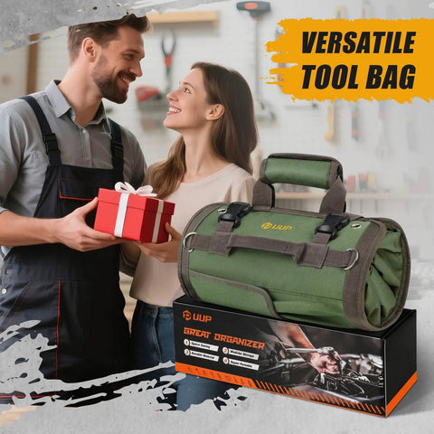 Heavy Duty Roll Up Tool Bag Portable Soft Tool Storage Foldable Organizer With Small Pockets Water Resistant PVC Coated Oxford For Mechanics Dads Home Garage Green displayed on a box next to a couple exchanging a gift