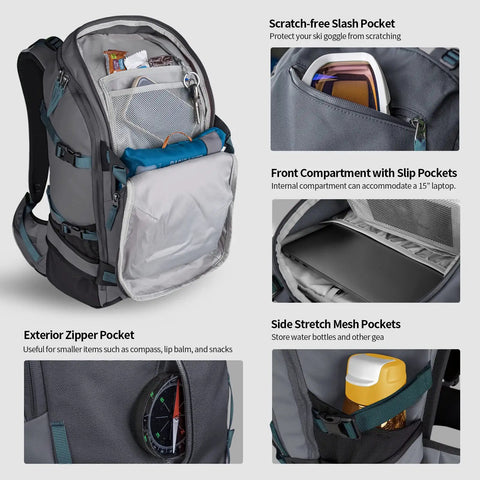 Open All Day Ski Hydration Backpack 30L For Snowboard Touring With Water Resistant 900D Polyester Multiple Pockets showing compartments.