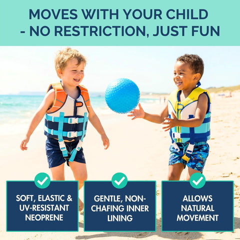 Children playing on the beach wearing Kids Swim Vest With Integrated Foam Panel For Toddlers And Kids CE Certified Flotation Aid
