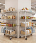 Heavy Duty Four Tier Metal Wire Storage Rack With Smooth Locking Casters And Rust Resistant Matte Finish with pantry items.