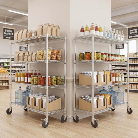 Heavy Duty Four Tier Metal Wire Storage Rack With Smooth Locking Casters And Rust Resistant Matte Finish with pantry items.