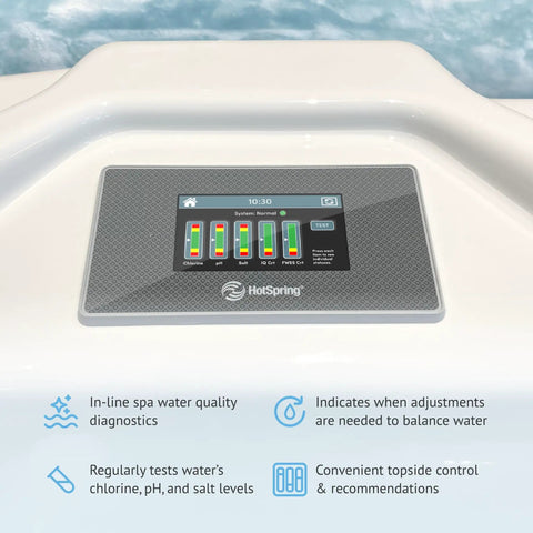 Smart Water Monitor For Spas And Hot Tubs With Salt System Support, Hourly Testing, And Effortless Monitoring To Keep Your Water Clean, Natural Feeling, And Ready For Relaxing Soaks. Topside control panel on white spa