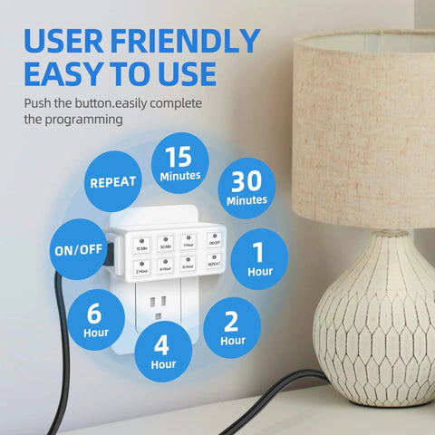 Slick Indoor Countdown Timer Outlet For Lights And Home Electronics 15 Amp Grounded Wall Plug displaying timer settings on a wall.