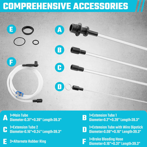 6.5L Oil Extractor Pump With Pneumatic And Manual Modes kit accessories, including tubes, rings, and brake bleeding hose.