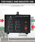 Front view of Step Up And Down Transformer 2000W For Home Electronics with USB 5V ports and universal sockets for voltage conversion.