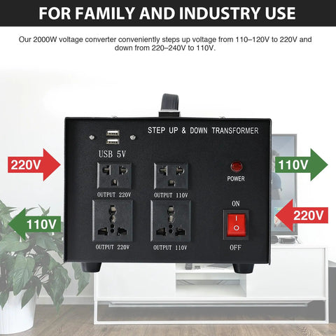 Front view of Step Up And Down Transformer 2000W For Home Electronics with USB 5V ports and universal sockets for voltage conversion.