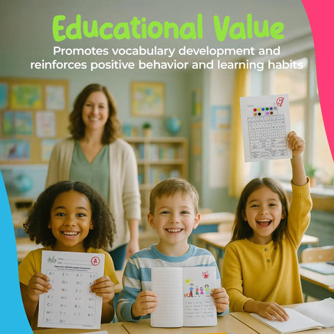 Children showing graded papers using Self Inking Teacher Stamps For Quick Grading And Feedback Round Rubber Stamp With Crisp Impressions And Quick Dry Ink Refillable No Mess Classroom Stamp That Delivers Consistent Engaging Feedback For Students in classroom.