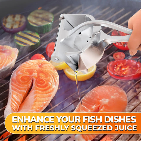 Hand Press Citrus Juicer For Lemons Limes Oranges Aluminum Alloy Ergonomic Handle Heavy Duty Manual Fruit Squeezer Easy Clean Portable Bar Tool squeezing juice over grilled salmon
