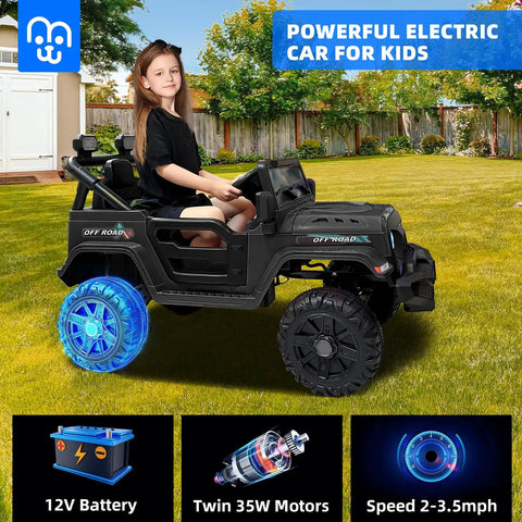 Girl riding Awesome 12V Kids Electric Ride On Truck With Remote Control Dual 35W Motors 3.5 MPH Top Speed Bluetooth