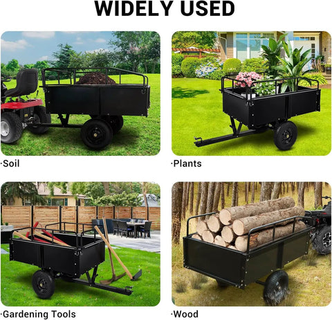 Beefy 750 Lbs Capacity ATV Dump Cart With Quick Release Dump transporting soil, plants, gardening tools, and wood for versatile use