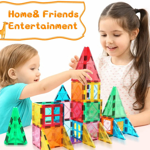Children playing with Magnetic Tiles Building Blocks For Kids Ages Three To Eight Kid Friendly Colorful Magnetic Stacking Toys STEM Set