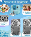 Instant Print Camera For Kids 3 To 12 Blue Inkless Selfie Toy With Printing Paper And 5 Colored Pens Great For DIY Photo Crafts Scrapbooks And Kid Friendly Gift, blue camera showing print modes