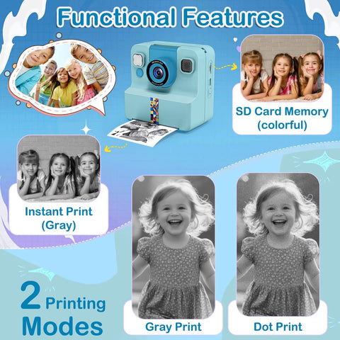Instant Print Camera For Kids 3 To 12 Blue Inkless Selfie Toy With Printing Paper And 5 Colored Pens Great For DIY Photo Crafts Scrapbooks And Kid Friendly Gift, blue camera showing print modes