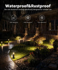 Low Voltage Landscape Lighting Kit With Eight Path Lights And Four Spotlights For Garden, Path, Yard And Patio, 12 To 24V AC DC, IP65 Waterproof, 3000K Warm White, Cast Aluminum Black Finish, Includes Fastlock2 Connectors Upgrade Your Outdoor Space showcasing waterproof and rustproof illumination during rain