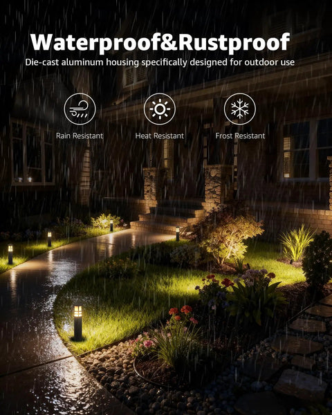 Low Voltage Landscape Lighting Kit With Eight Path Lights And Four Spotlights For Garden, Path, Yard And Patio, 12 To 24V AC DC, IP65 Waterproof, 3000K Warm White, Cast Aluminum Black Finish, Includes Fastlock2 Connectors Upgrade Your Outdoor Space showcasing waterproof and rustproof illumination during rain