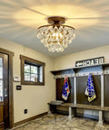 Crystal Chandelier Semi Flush Mount Ceiling Light in Oil Rubbed Bronze illuminating hallway with rustic decor