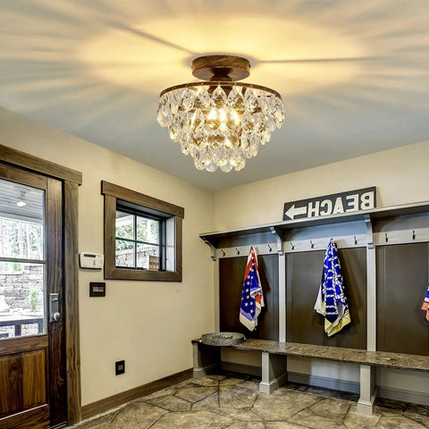 Crystal Chandelier Semi Flush Mount Ceiling Light in Oil Rubbed Bronze illuminating hallway with rustic decor