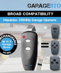 Two Button 315 MHz Garage Door Opener Remote Replacement For M3-2312 Includes Programming Pin And Easy Code Transfer displayed.