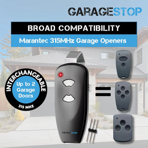 Two Button 315 MHz Garage Door Opener Remote Replacement For M3-2312 Includes Programming Pin And Easy Code Transfer displayed.