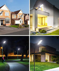 High Power Solar Street Light With Remote, 350W 400 LED Flood Light illuminating various outdoor spaces at night.