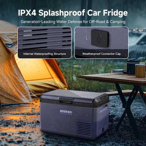 42Qt 12V Car Refrigerator Portable Electric Cooler With Smart App Control And Waterproof Build, Straight Up Silent Compressor Fridge with IPX4 splashproof features.