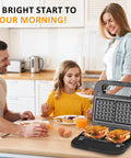 Family using Three In One Sandwich And Waffle Maker With Removable Plates Panini Press Nonstick Plates Indicator Lights And Cool Touch Handle 750W Black Kitchen Gadget For Grab And Go Breakfasts And Tasty Snacks