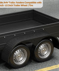 Double axle trailer with black steel fenders, compatible with 13-15 inch wheels, shows heavy-duty protection and easy installation.