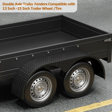 Double axle trailer with black steel fenders, compatible with 13-15 inch wheels, shows heavy-duty protection and easy installation.