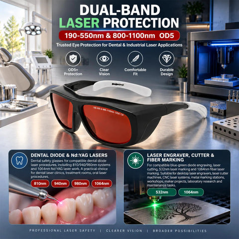 Multi Wavelength Dental Safety Glasses Delivering Kickass Eye Protection For Diode Nd Yag Blue Green Fiber And Infrared Lasers Built Tough For Everyday Clinical Use on display with dental and industrial tools.