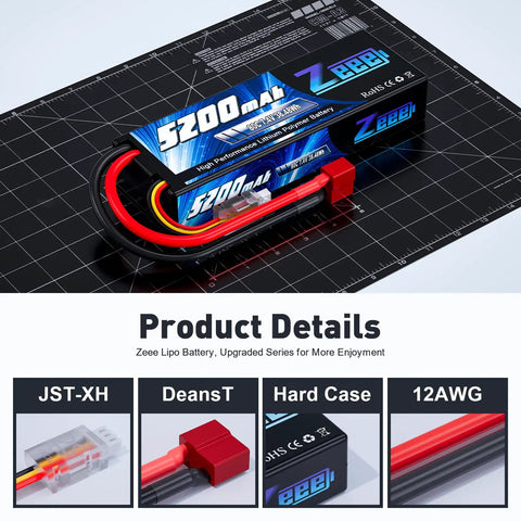 2S 5200mAh LiPo Battery 7.4V 80C Hard Case With T Plug For 1 Eighth And 1 Tenth RC Cars overview on grid mat