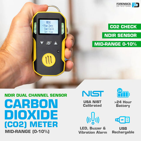 CO2 Meter For Incubators With NIST Calibration USB Rechargeable And Adjustable Alarm System, loud alerts, held in hand