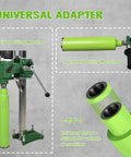 3 Inch Wet Diamond Core Bit For Reinforced Concrete With Rebar Pro Grade Laser Welded Core Bit With 14 Inch Drilling Depth One And A Quarter To Seven Threaded Diamond Core For Brick Block And Hard Masonry with universal adapter shown with fixed and handheld drilling machines