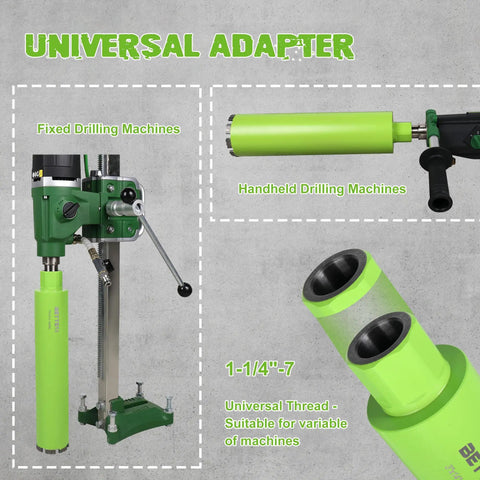 3 Inch Wet Diamond Core Bit For Reinforced Concrete With Rebar Pro Grade Laser Welded Core Bit With 14 Inch Drilling Depth One And A Quarter To Seven Threaded Diamond Core For Brick Block And Hard Masonry with universal adapter shown with fixed and handheld drilling machines